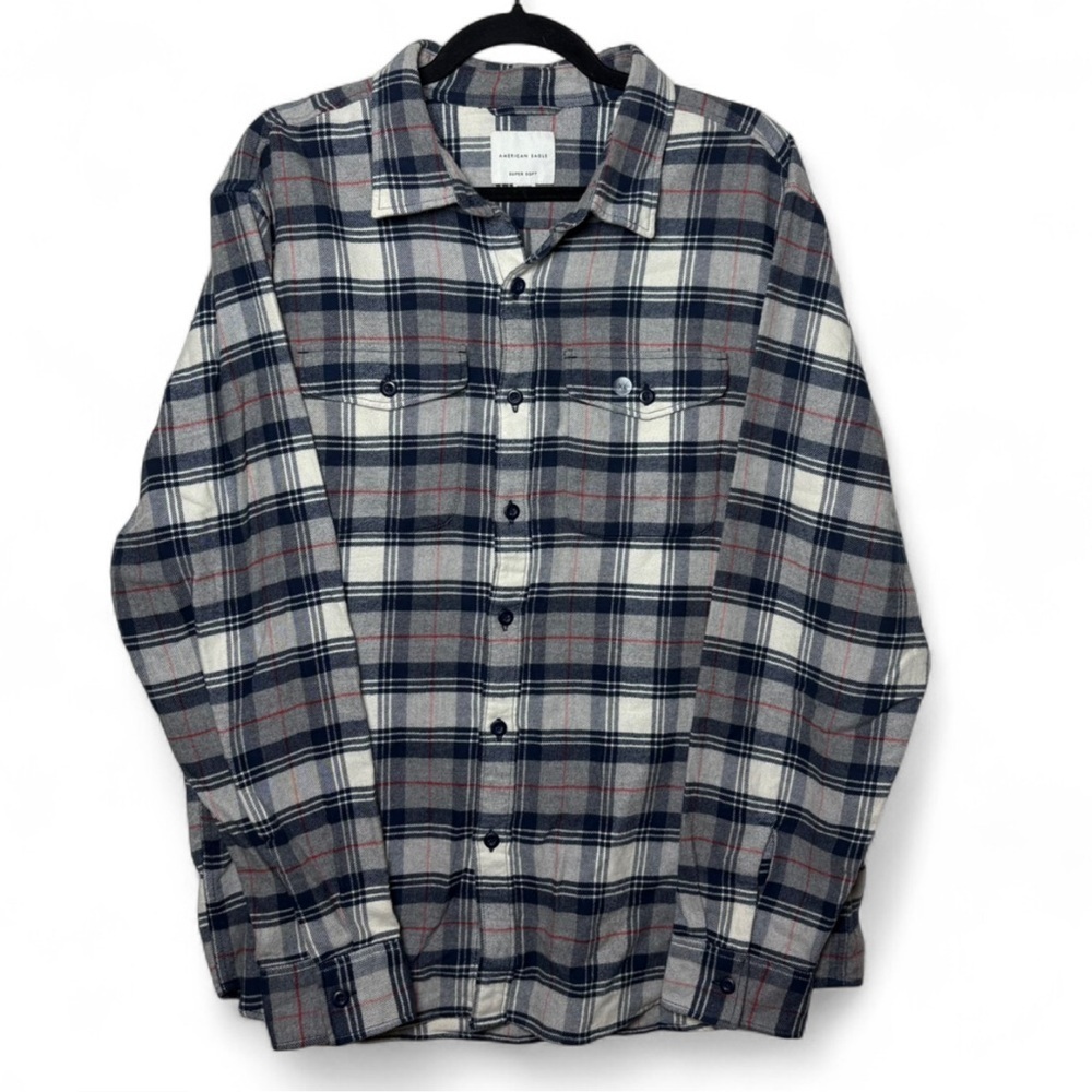 American Eagle XL Plaid Flannel Shirt Blue Gray White 100% Cotton